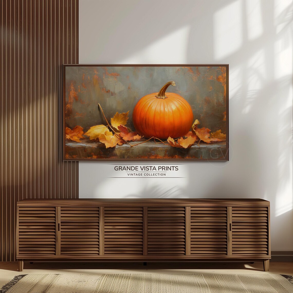 Orange Pumpkin Stone Ledge Scattered Maple Leaves Vintage Fall Art Poster - Image 3