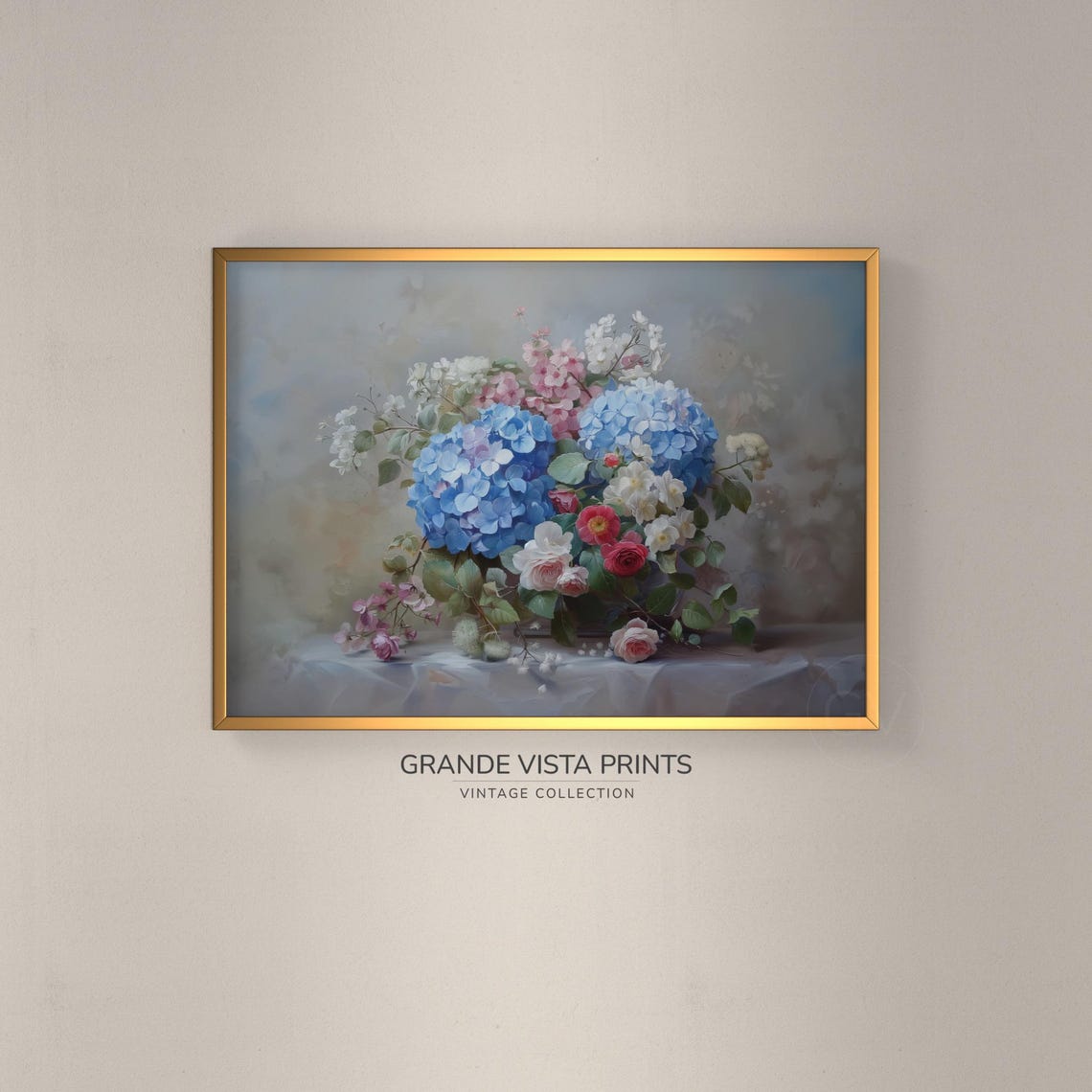 Blue Hydrangea Pink Blossom Still Life Vintage Floral Wall Poster