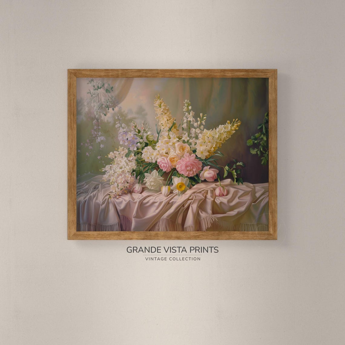 Pastel Peony Delphinium Bouquet on Silk Floral Still Life Art Print - Image 4