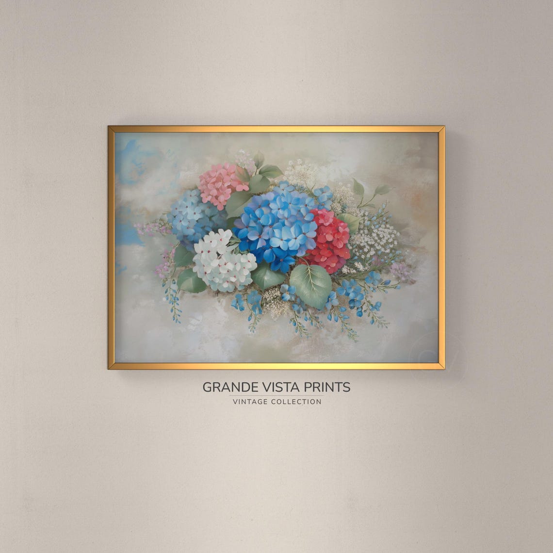 Blue Hydrangea Cloud Bouquet Vintage Floral Still Life Wall Poster