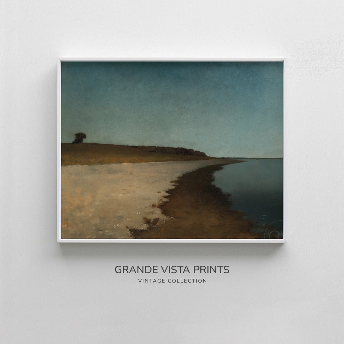 Quiet Vintage Beach Dune Grass Lone Tree Teal Sky Coastal Wall Poster - Image 2