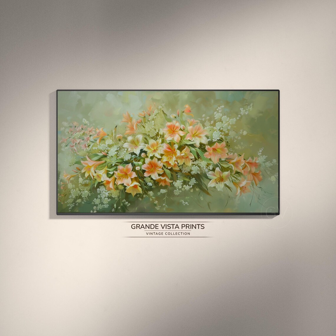 Peach Lily Blossom Still Life Wildflower Green Vintage Painting Poster