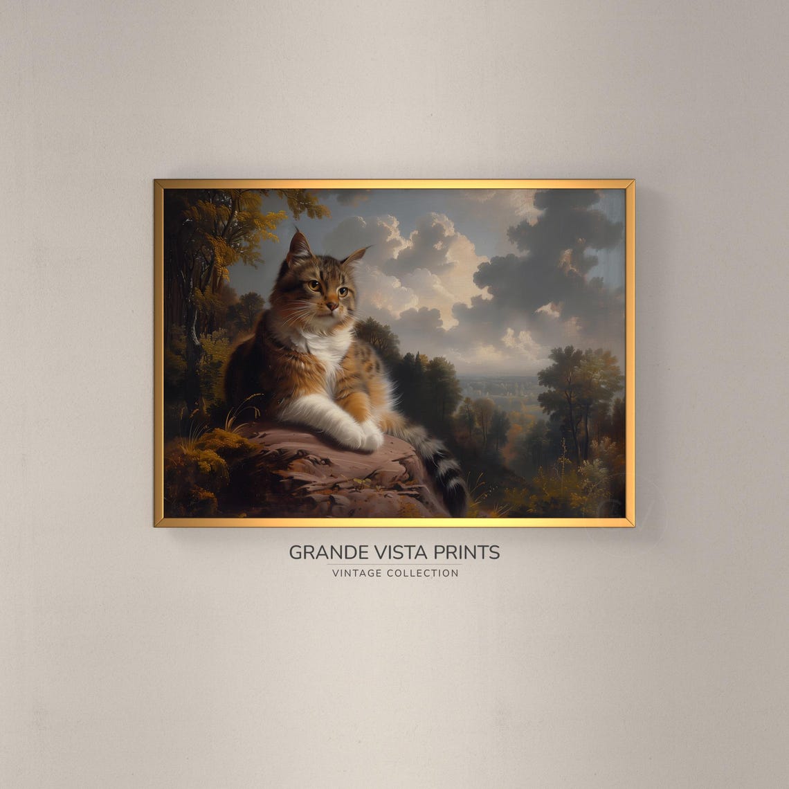 Fluffy Long Haired Tabby Cat Resting on Rocks Vintage Portrait Poster