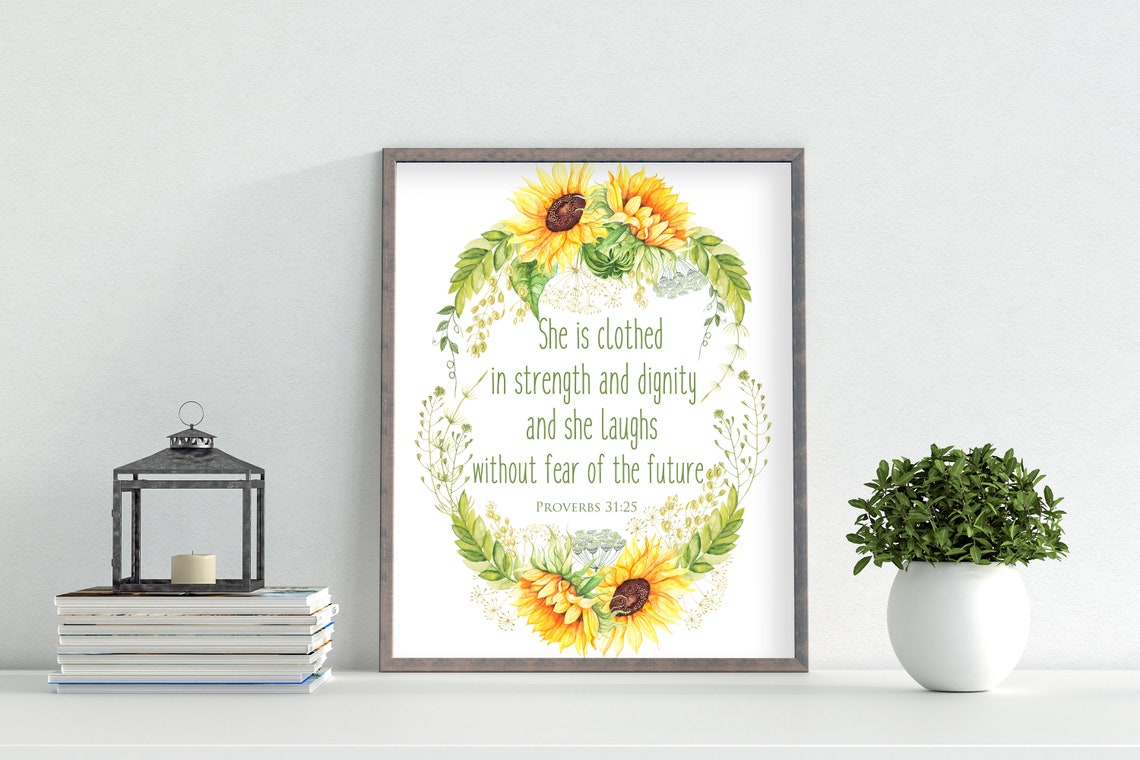 She Is Clothed in Strength Proverbs 31:25 Sunflower Wreath Wall Poster - Image 3