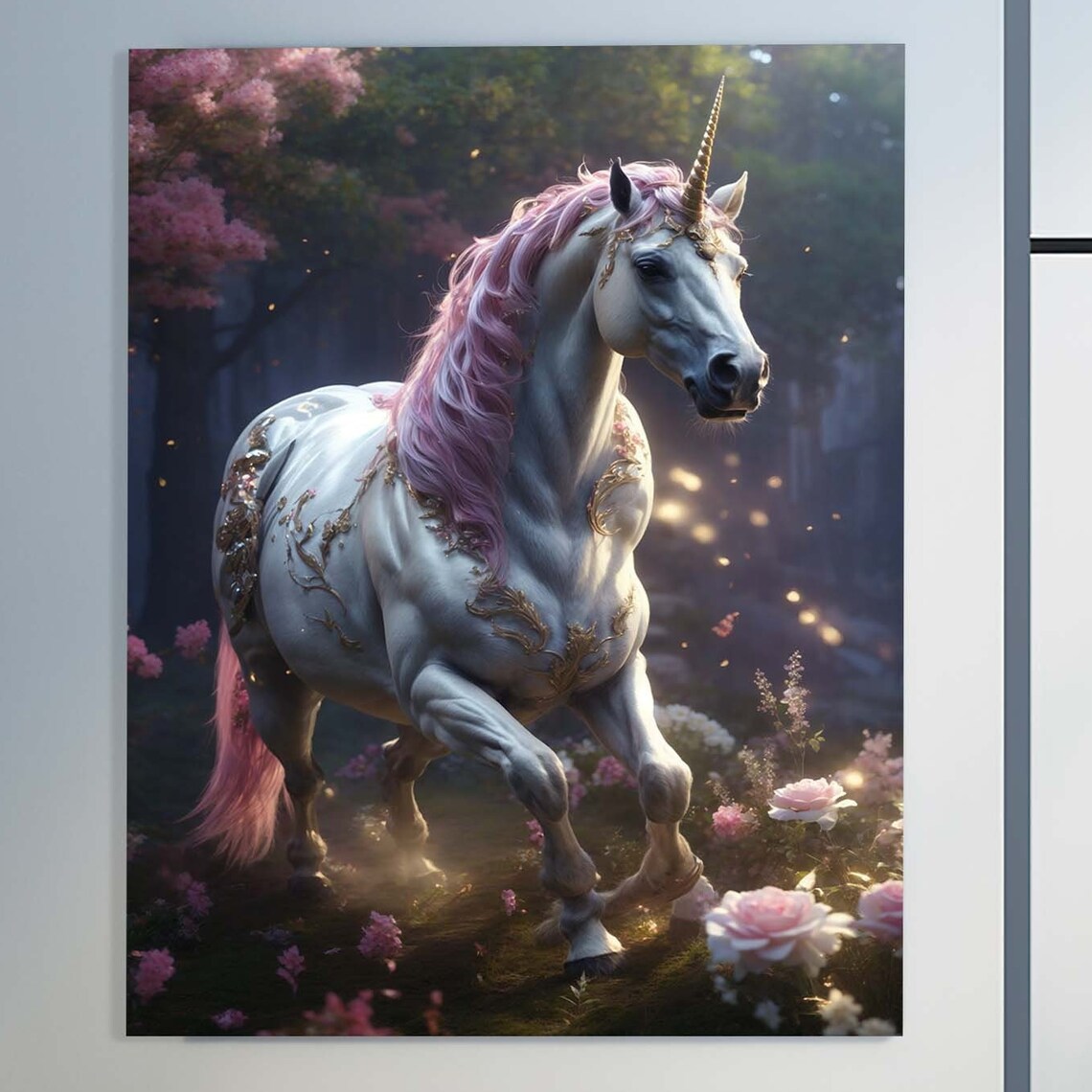 White Unicorn Pink Mane Golden Fantasy Forest Floral Art Poster