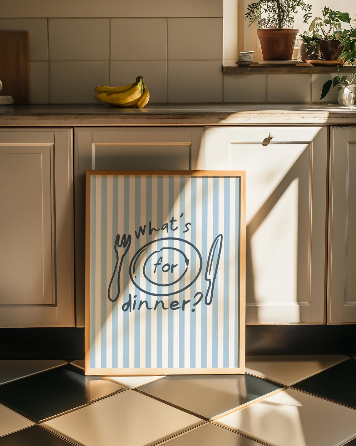 What Is For Dinner Quote Playful Blue Striped Kitchen Poster - Image 2