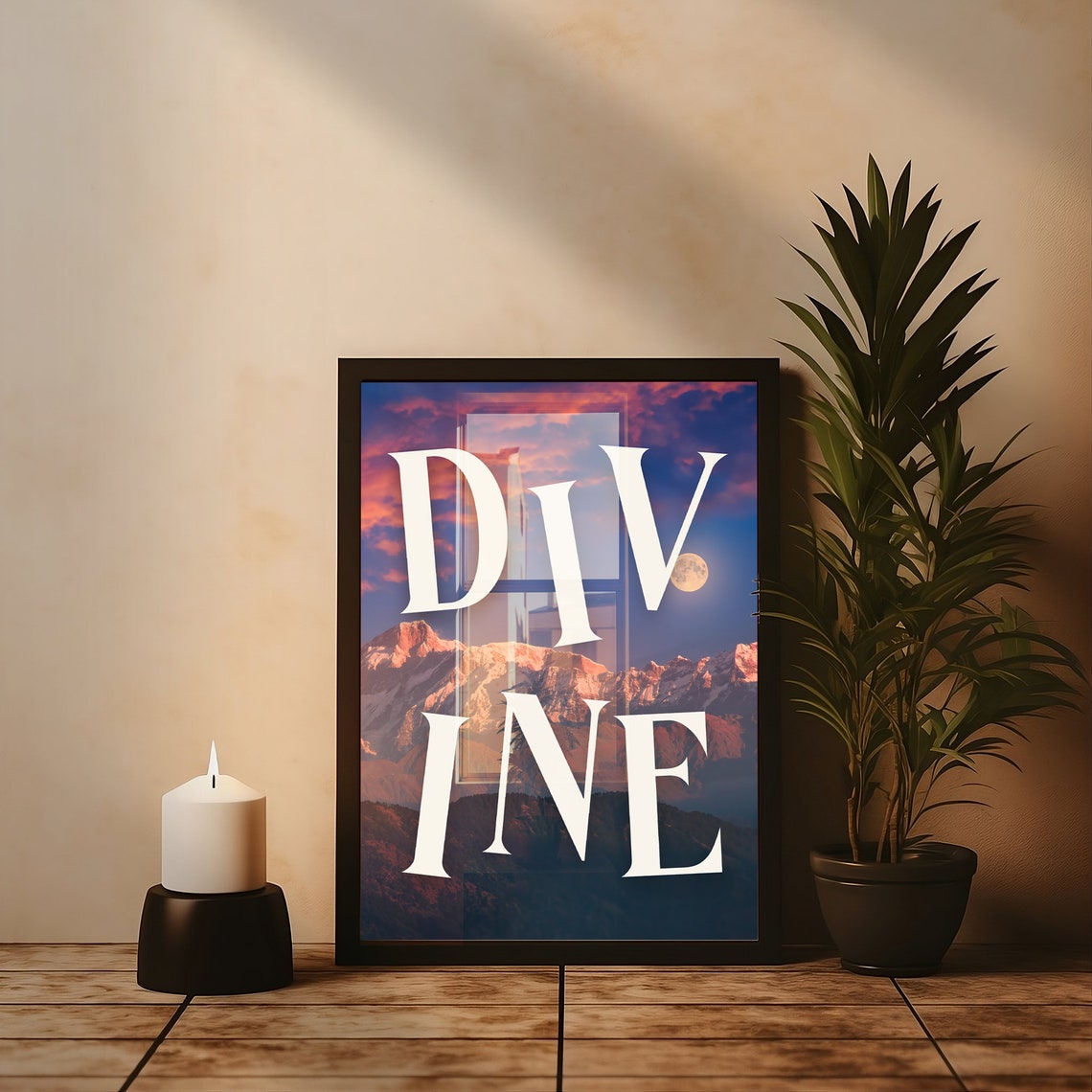 Divine Mountain Sunset Moon Stars Dramatic Celestial Nature Poster - Image 2