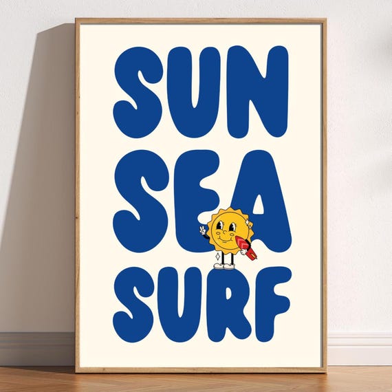 Sun Sea Surf Print Retro Summer Wall Art Cute Sunshine Character Mascot Poster Bold Blue Typography Beach Ocean Room Decor