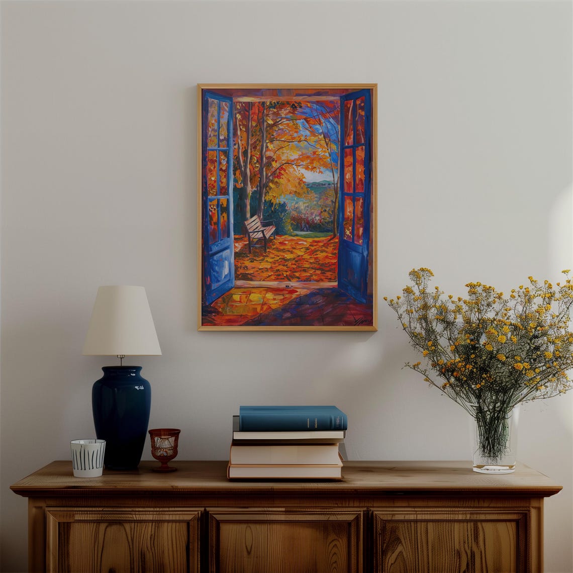 Autumn Trees Through Blue Doors Oil Painting Fall Landscape Poster - Image 3