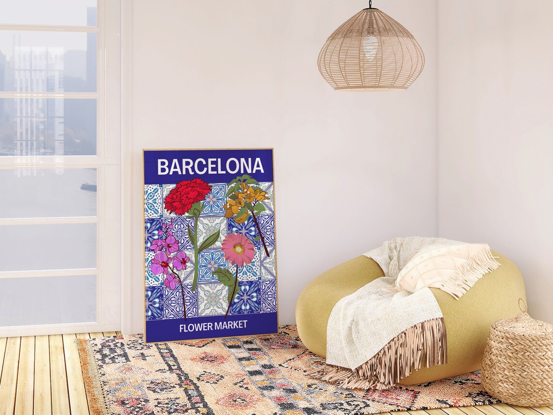 Barcelona Flower Market Mediterranean Blue Tile Floral Art Poster - Image 3
