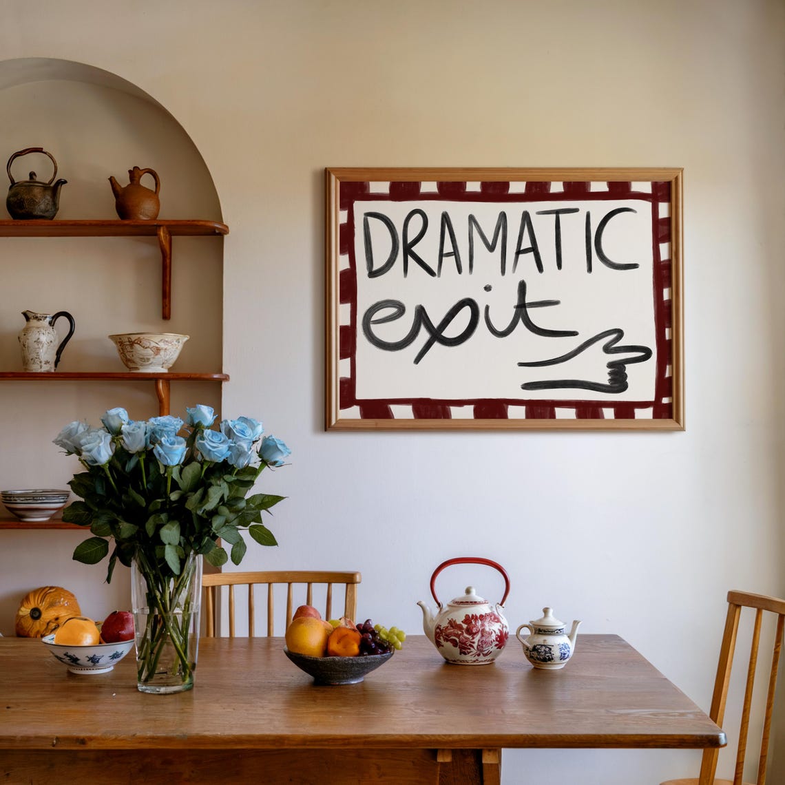 Dramatic Exit Hand Drawn Retro Print Typography Funny Humour Hallway Poster Modern Mid Century Home Decor - Image 2