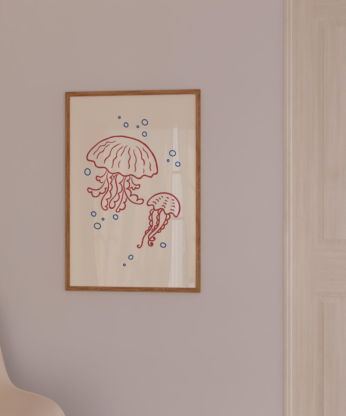 Jellyfish Line Art Minimalist Coastal Red Ocean Doodle Poster - Image 3