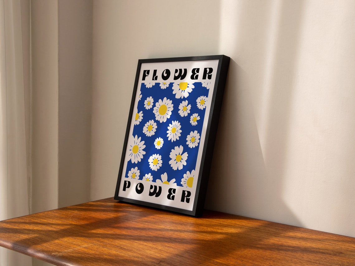 Flower Power Blue Retro Daisy Pattern Bold Floral Statement Art Poster - Image 2