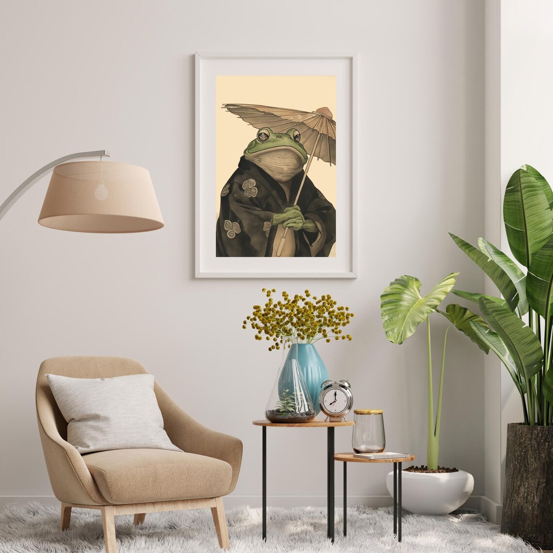 Japanese Woodblock Frog with Grey Umbrella, Kimono - Image 3
