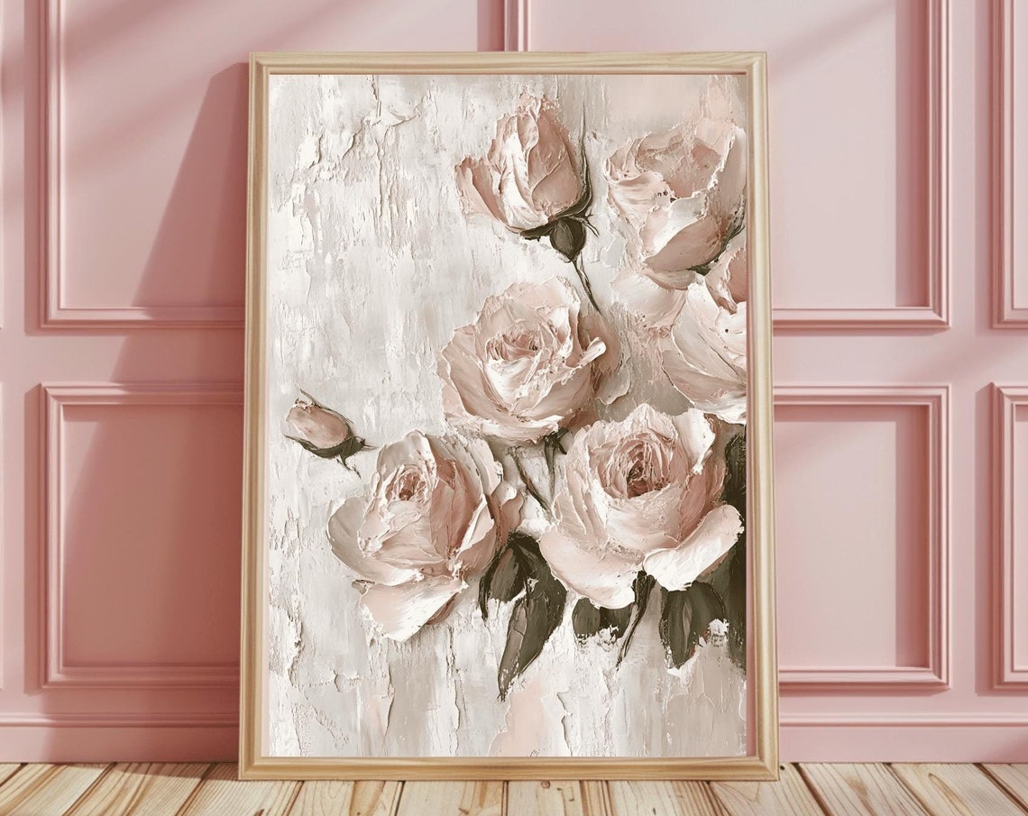 Blush Pink Roses Textured Impasto Oil Painting Romantic Poster