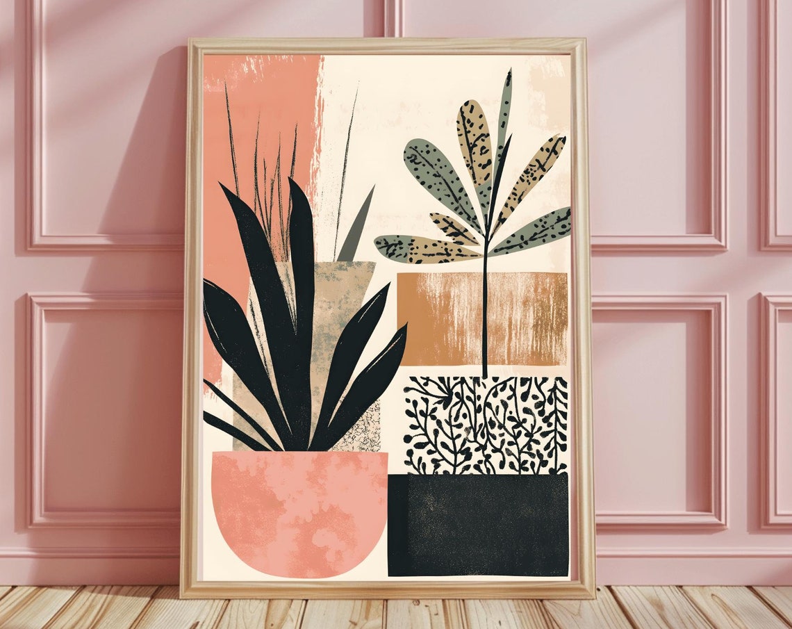 Modern Abstract Potted Plants in Blush Pink Black Pots Decor Poster