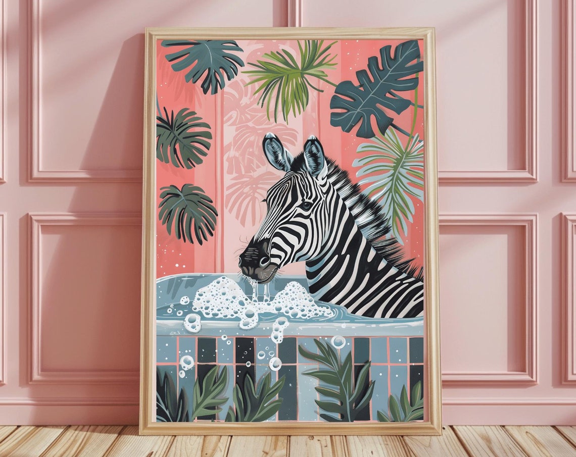 Zebra Soaking in a Bubble Bath Funny Coral Tropical Bathroom Poster