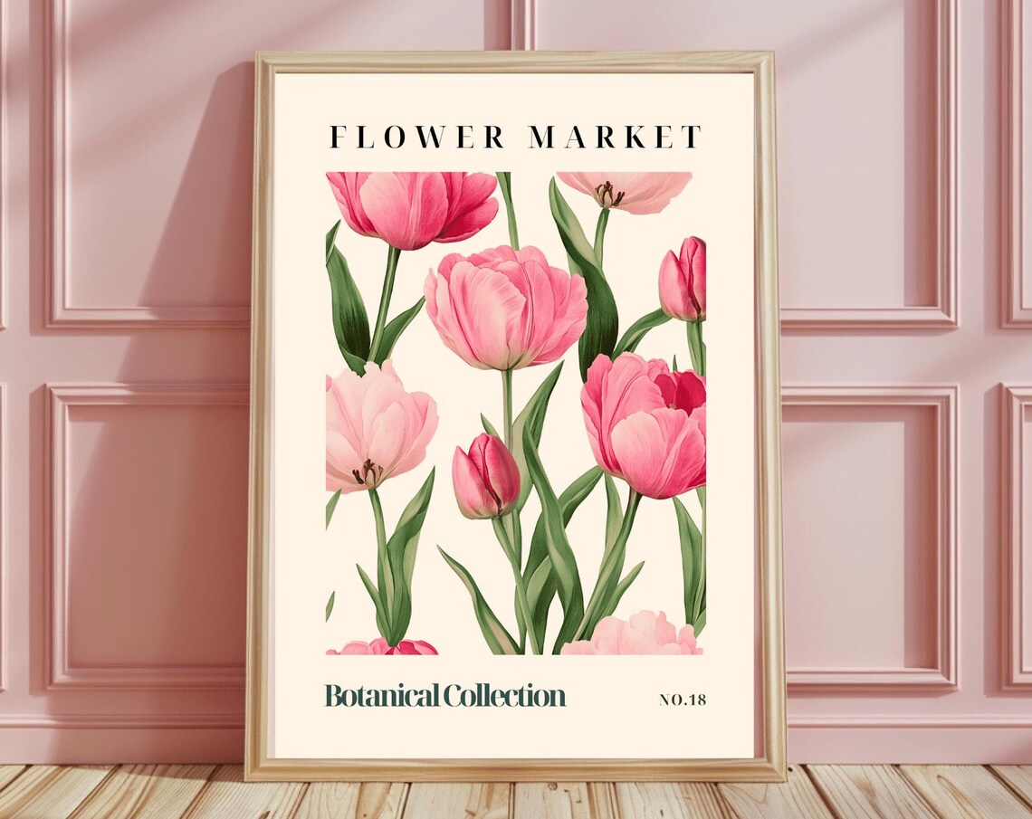 Flower Market Pink Peony Tulips Watercolor Spring Botanical Poster