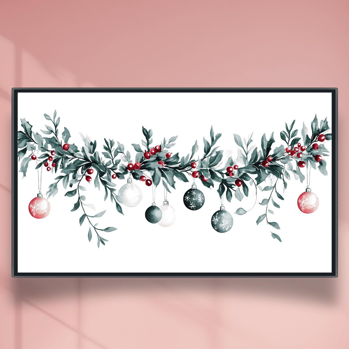 Watercolor Christmas Garland Swag With Hanging Baubles Poster