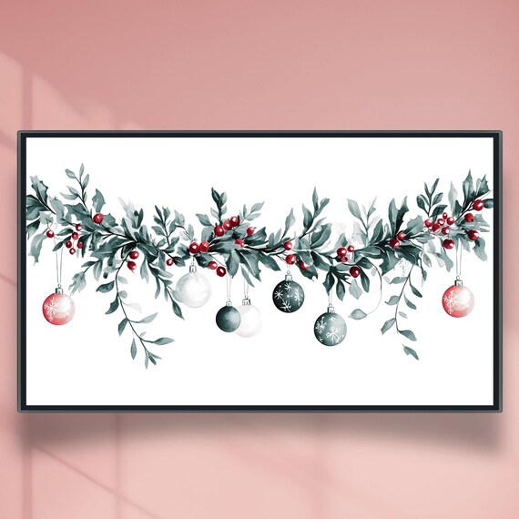 Watercolor Christmas Garland Swag With Hanging Baubles Poster