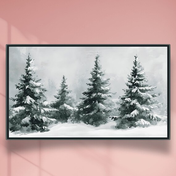 Black And White Watercolor Snow Covered Evergreen Trees Poster