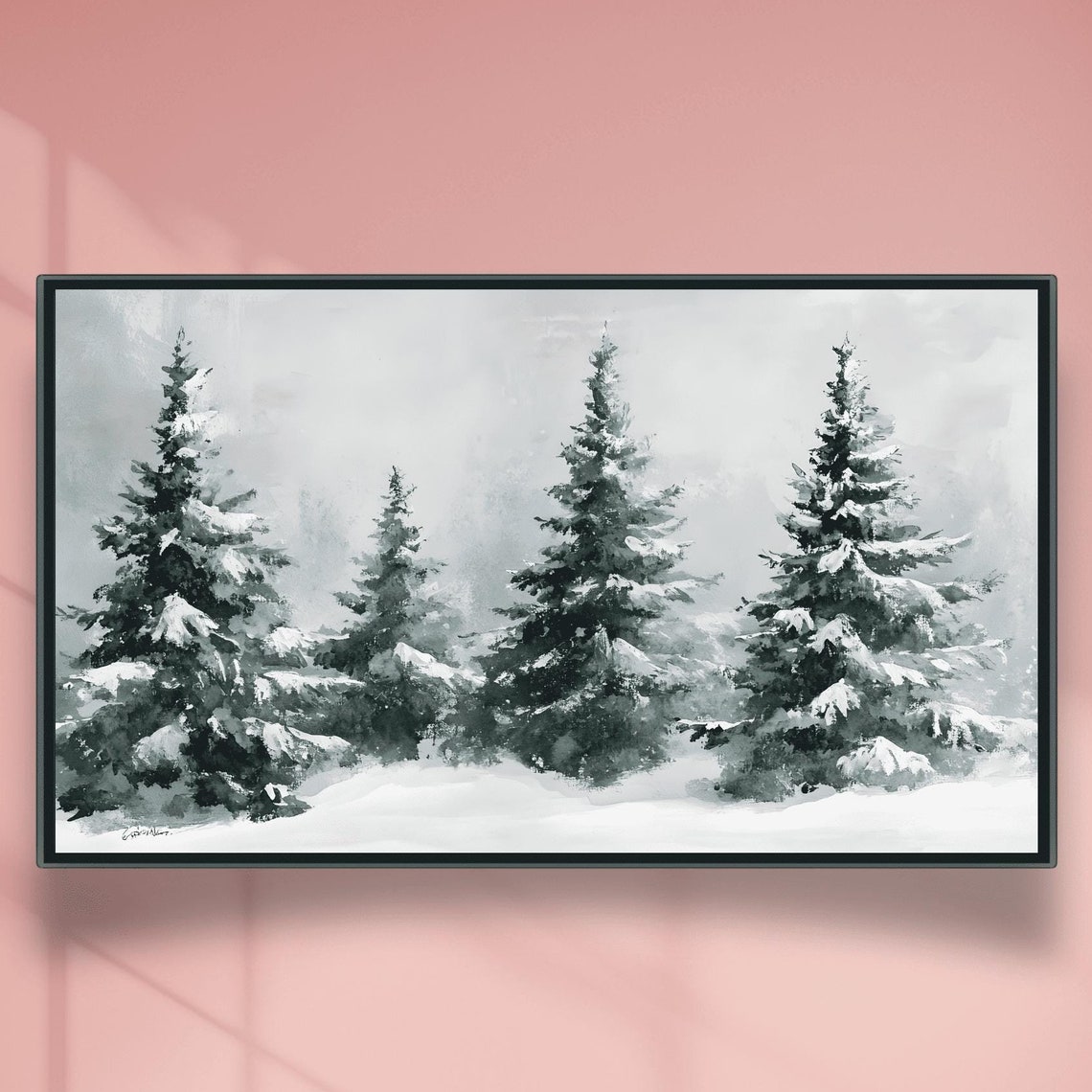 Black And White Watercolor Snow Covered Evergreen Trees Poster