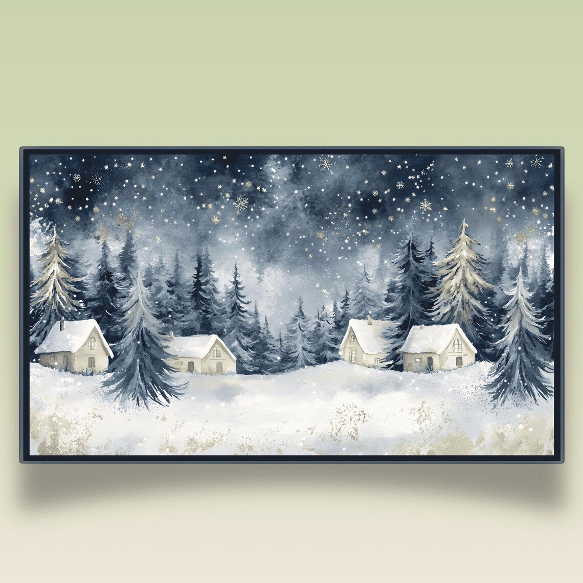 Cozy Snowy Forest Cabins Under Starry Winter Night Sky Poster