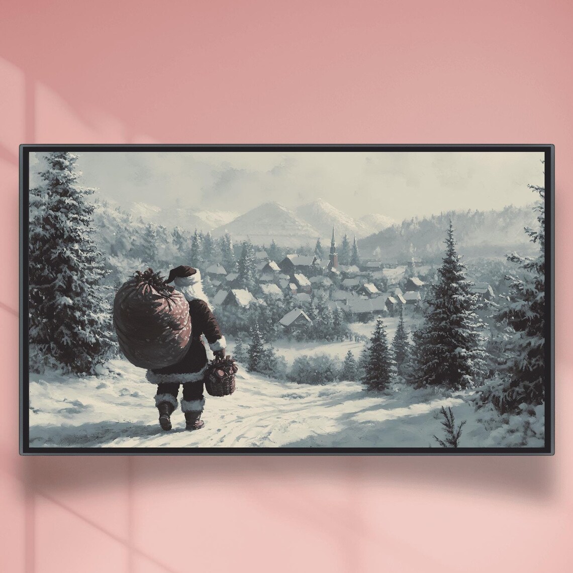 Santa Carrying Gifts To Snowy Mountain Village Vintage Poster