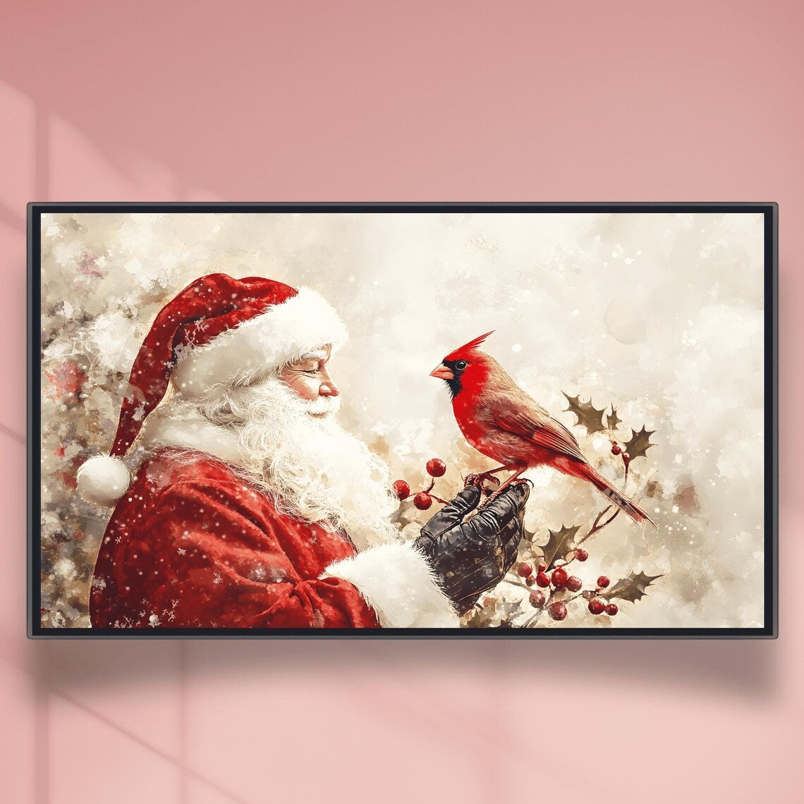 Santa Claus Gazing at Red Cardinal Snowy Watercolor Scene Poster
