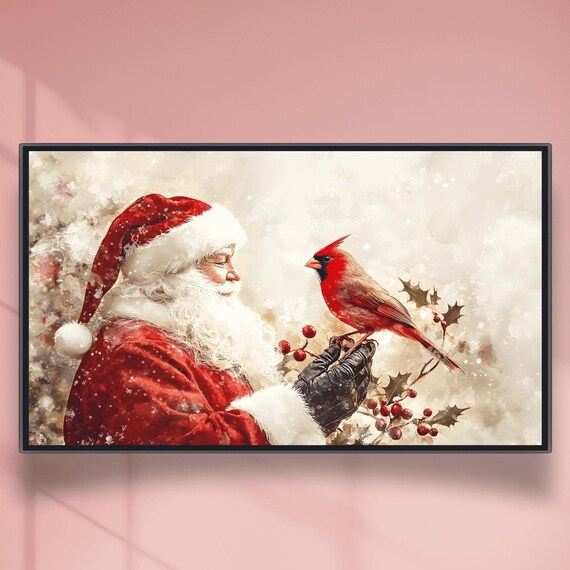 Santa Claus Gazing at Red Cardinal Snowy Watercolor Scene Poster