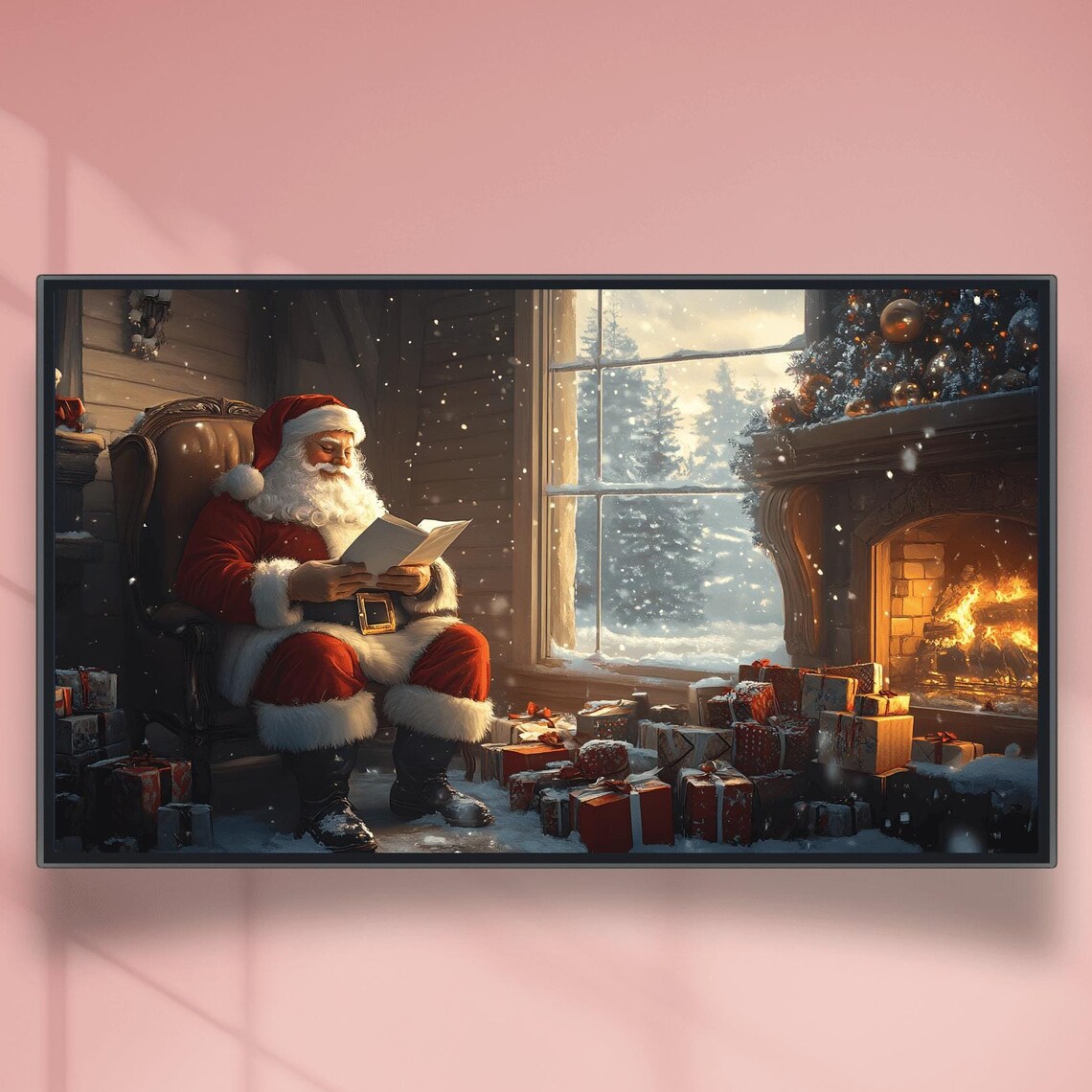 Santa Reading Christmas Letters By Crackling Fireplace Poster