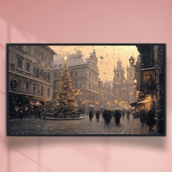 Snowy European Old Town Square With Lit Christmas Tree Poster