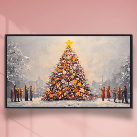Blooming Christmas Tree Snowy Plaza Carolers Vintage Style Poster