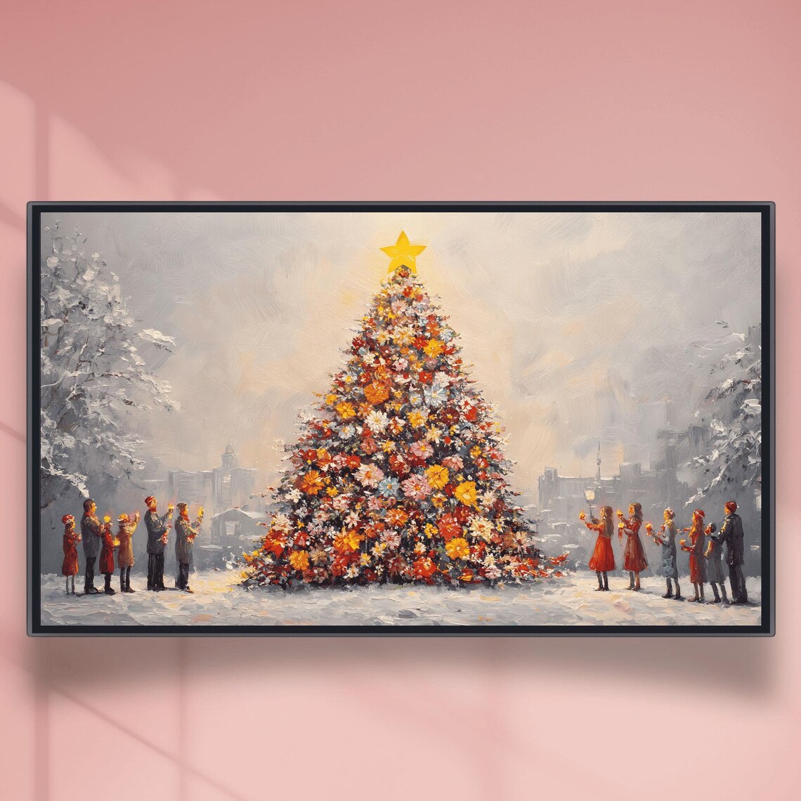 Blooming Christmas Tree Snowy Plaza Carolers Vintage Style Poster