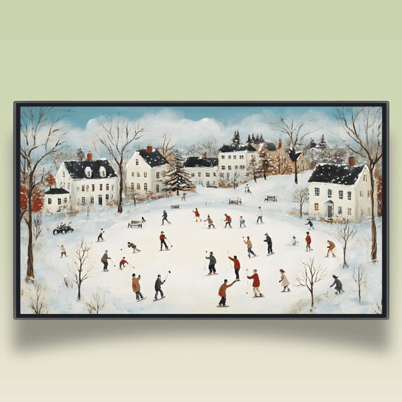 Ice Skaters in Snowy Village Courtyard Winter Landscape Poster