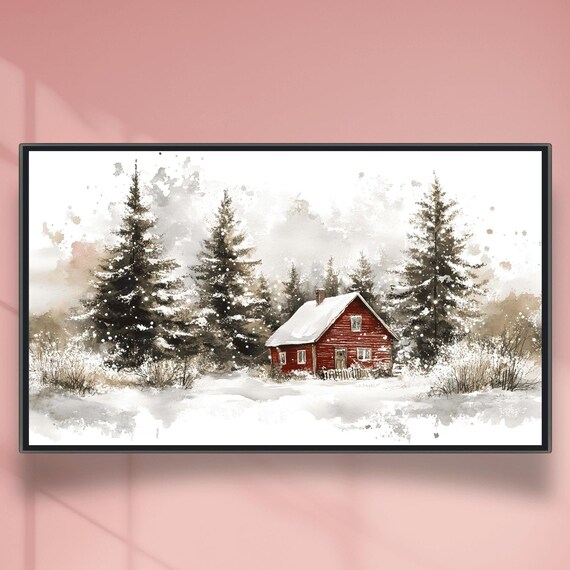 Red Cabin Nestled In A Snowy Evergreen Forest Deep Winter Poster