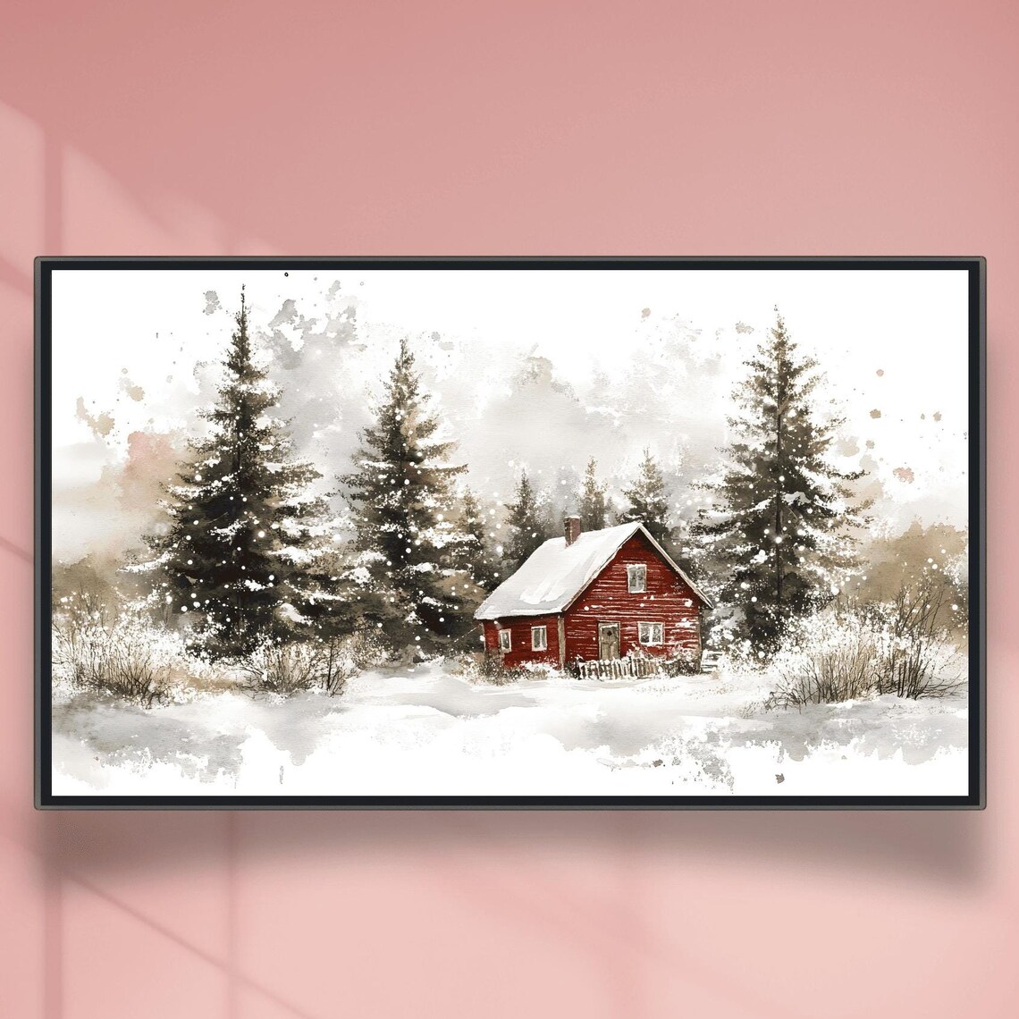 Red Cabin Nestled In A Snowy Evergreen Forest Deep Winter Poster