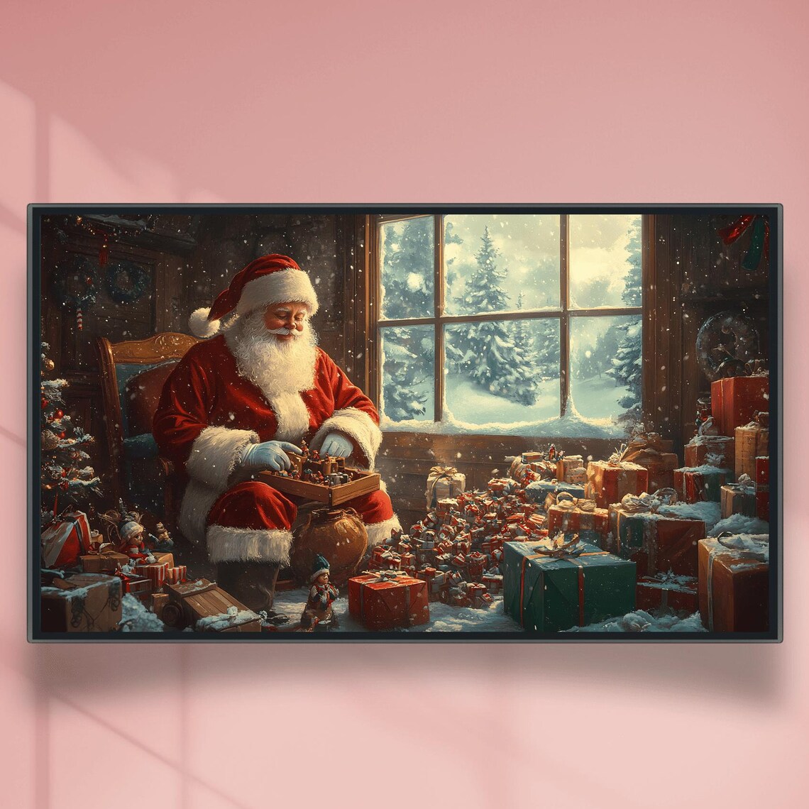 Santa Packing Gifts In Cozy Workshop On Christmas Eve Poster