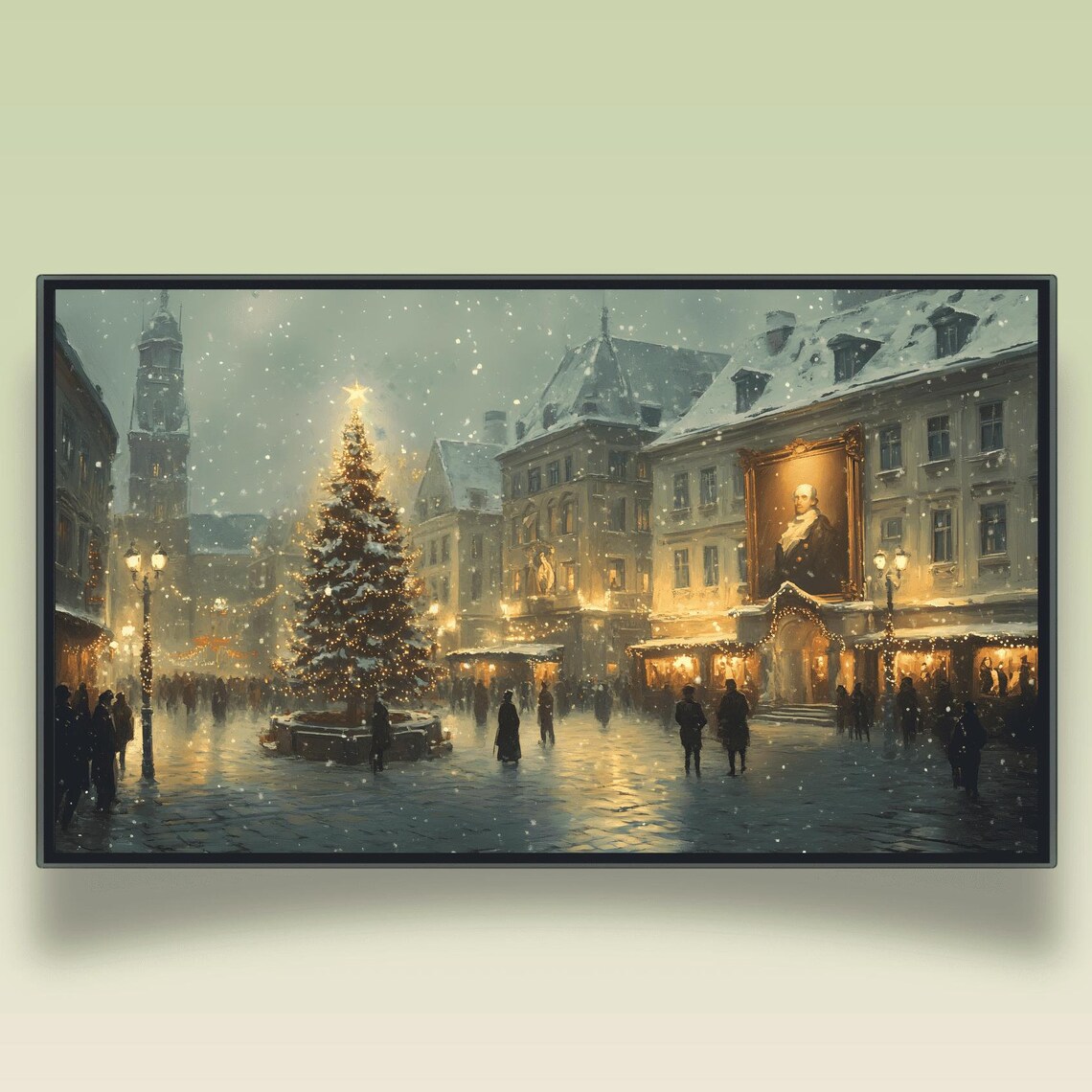 Vintage Snowy Town Square With Illuminated Christmas Tree Poster