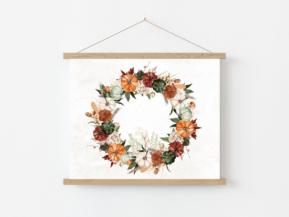Autumn Pumpkin Wreath Watercolor Fall Harvest Botanical Front Door Poster - Image 3