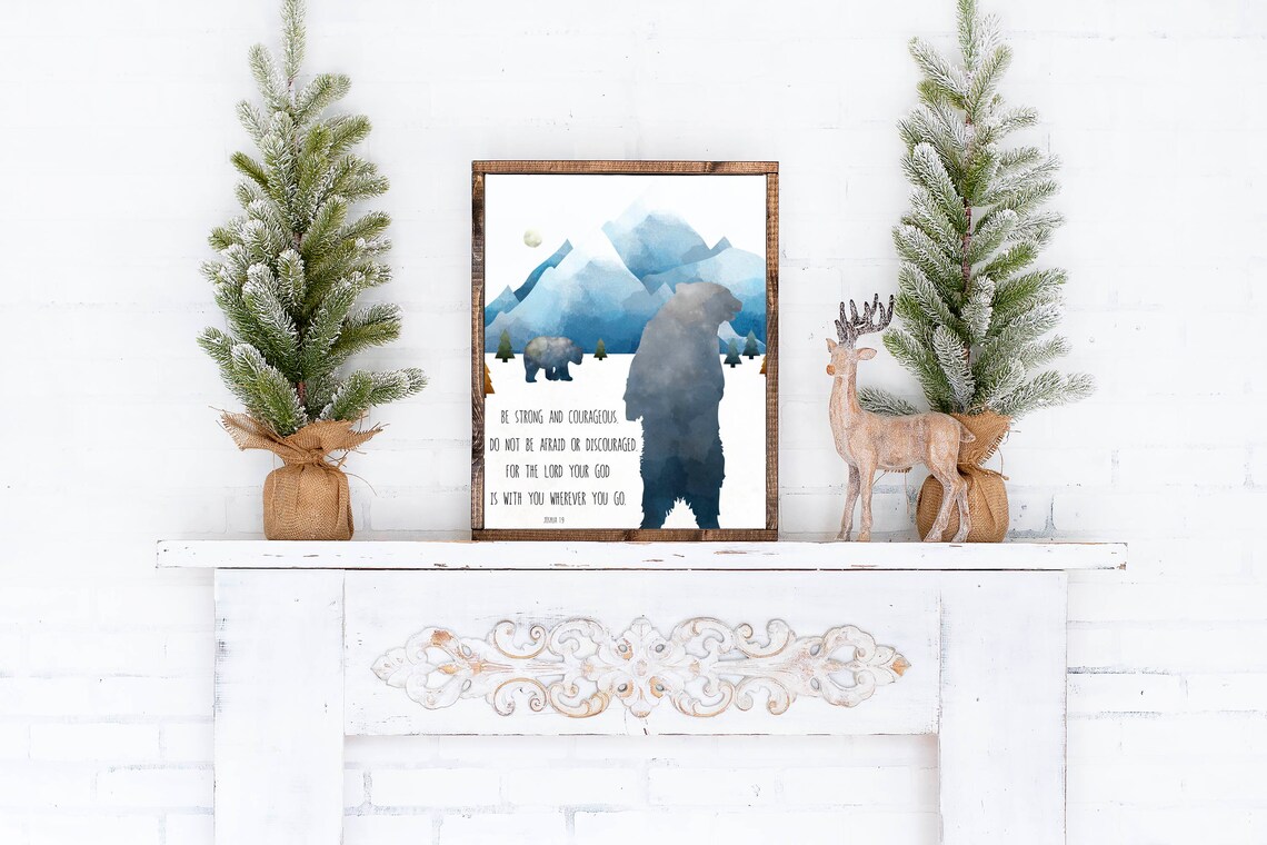 Joshua 19 Be Strong And Courageous Bears Mountains Watercolor Scripture Poster - Image 3