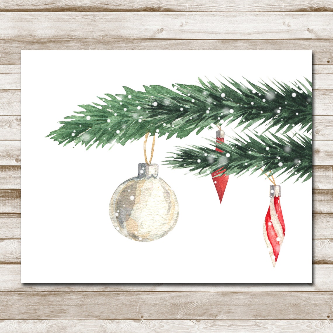 Watercolor Christmas Tree Branch Ornaments Snowy Minimalist Poster - Image 4