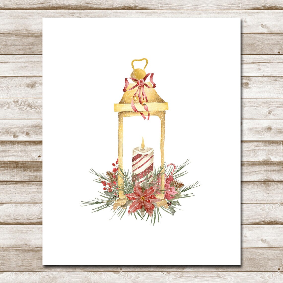 Golden Christmas Lantern Candle Poinsettia Watercolor Holiday Poster - Image 4
