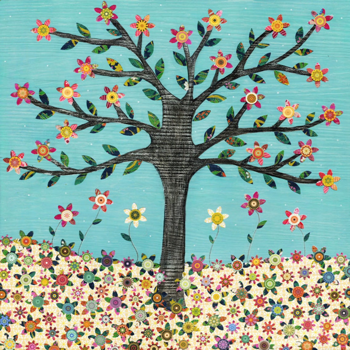 Turquoise Tree with Patterned Leaves over a Flower Bed Poster