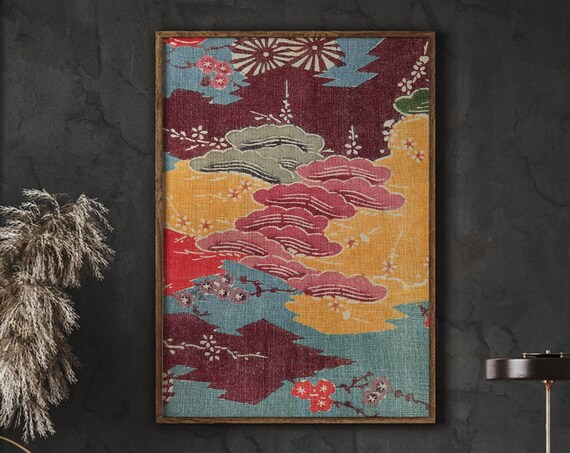 Japanese Kimono Textile Floral Cloud Pattern Vintage Fabric Art Poster