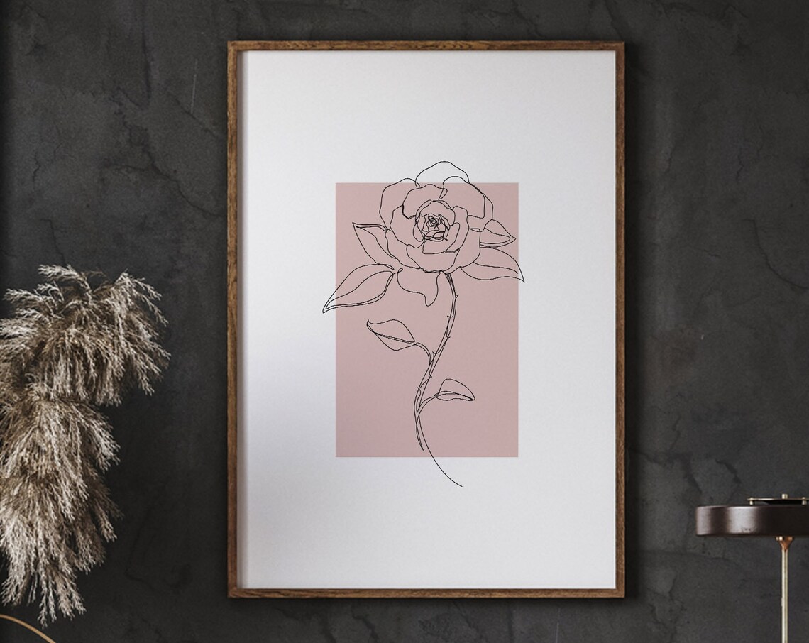 Minimal Line Botanical Art Rose Flowers Blushblack Florist Gift Illustration Modern Print Wall