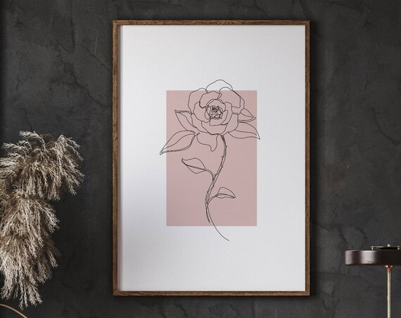 Minimalist Rose Line Drawing Poster Blush Pink Botanical Single Stem Art