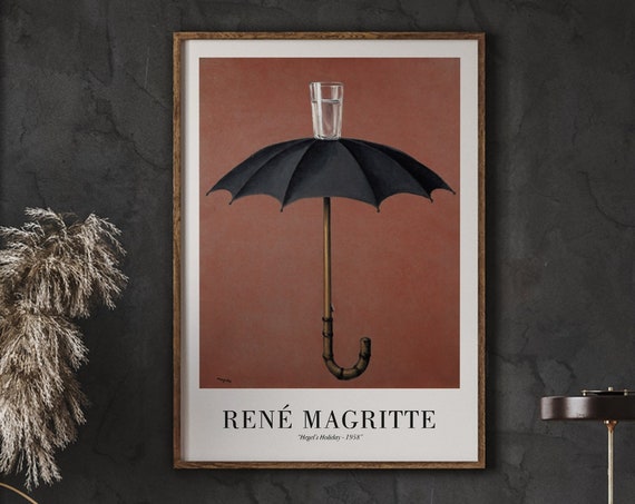 Rene Magritte Poster Hegels Holiday Black Umbrella Coral Pink Neutral Wall Art Surrelist Print Vintage Instant