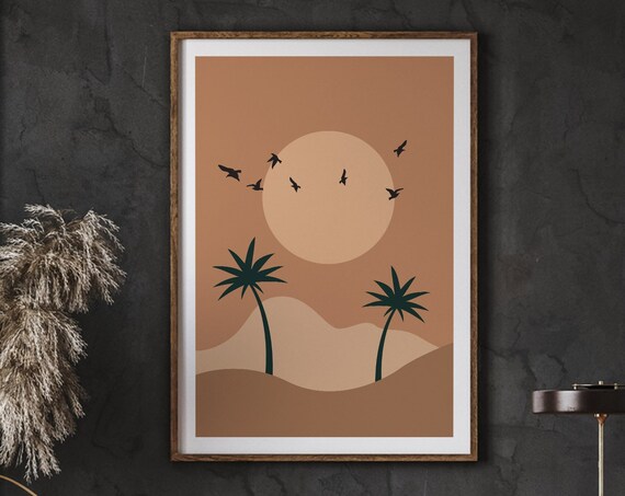 Desert Sunset Poster Terracotta Palm Trees Birds Abstract Boho Decor