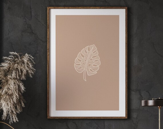 Monstera Leaf Line Art Poster White Outline on Tan Modern Tropical Decor